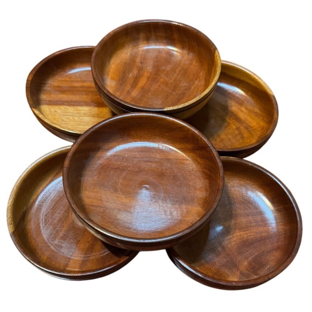 Vintage Solid Wood Salad Bowls Set of 6 MCM Heavy Dense Walnut Grain 4 1/2"